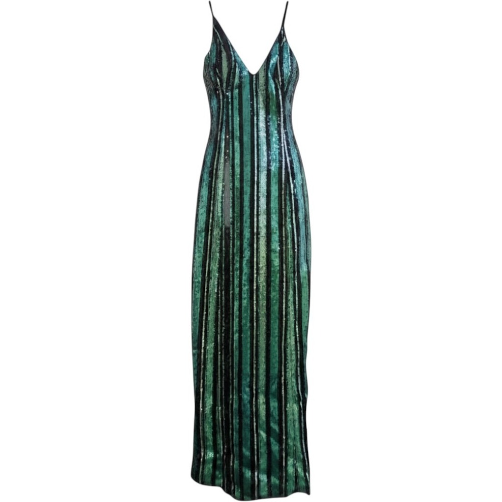Sequin Maxi Dress Green Teal‎ Striped V-Neck Gown Large NWT Johnny Wujek